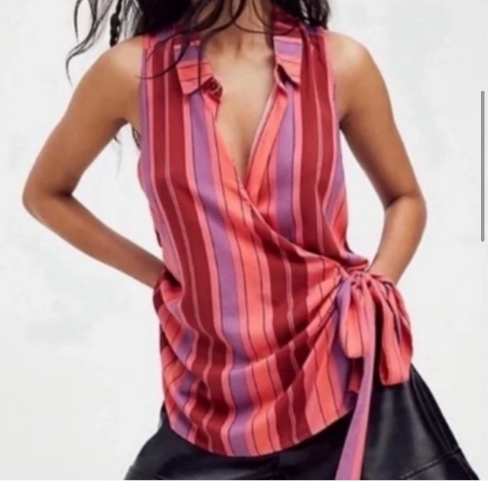 Striped Tie-Waist Sleeveless Top - Pink Red